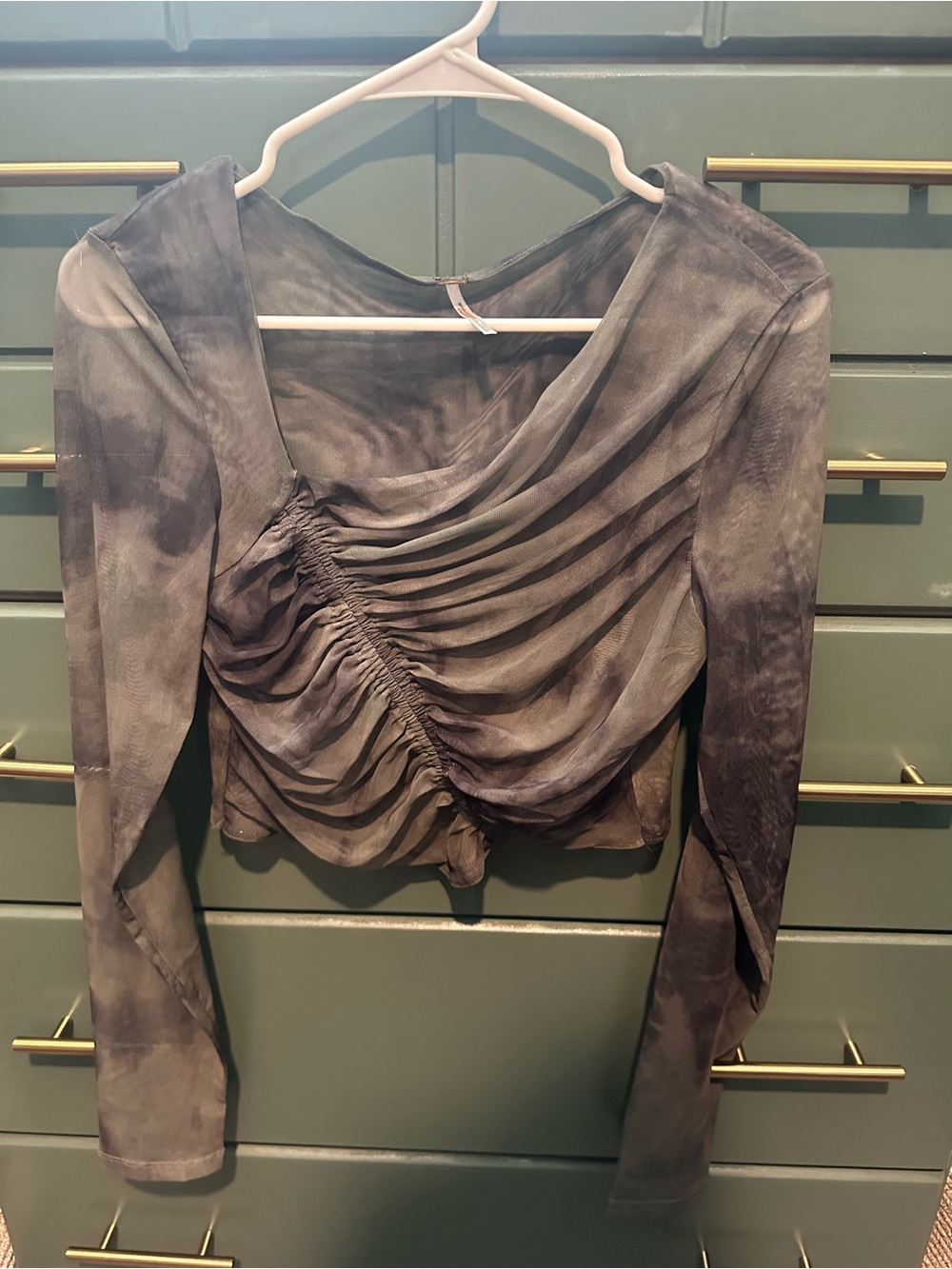 Free People Charcoal Gray Ruched Long Sleeve Crop Top